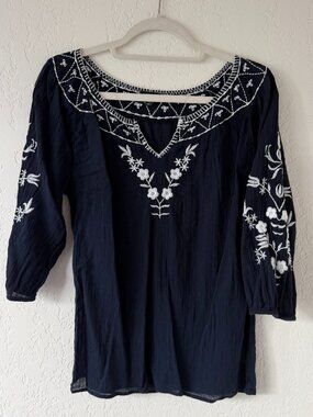 Talbots Navy Blouse with White Embroidery